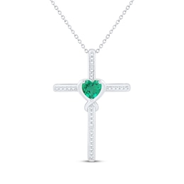 Heart-Shaped Lab-Created Emerald & White Lab-Created Sapphire Cross Necklace Sterling Silver 18&quot;