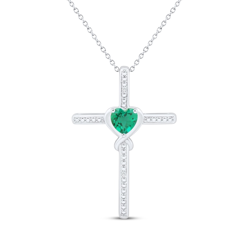 Main Image 1 of Heart-Shaped Lab-Created Emerald & White Lab-Created Sapphire Cross Necklace Sterling Silver 18&quot;