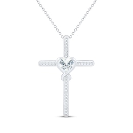 Heart-Shaped White Lab-Created Sapphire Cross Necklace Sterling Silver 18&quot;