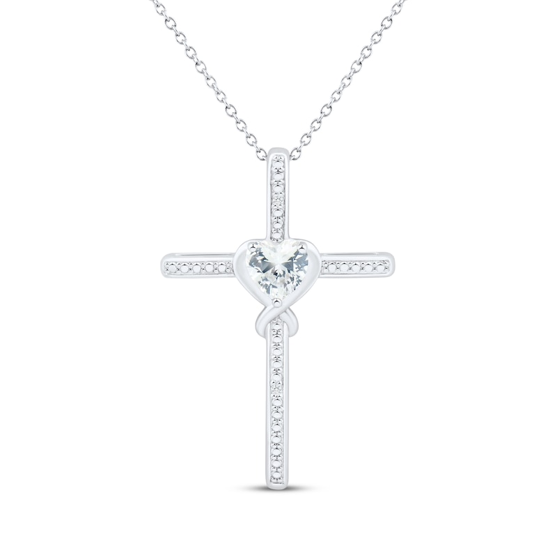 Main Image 1 of Heart-Shaped White Lab-Created Sapphire Cross Necklace Sterling Silver 18&quot;