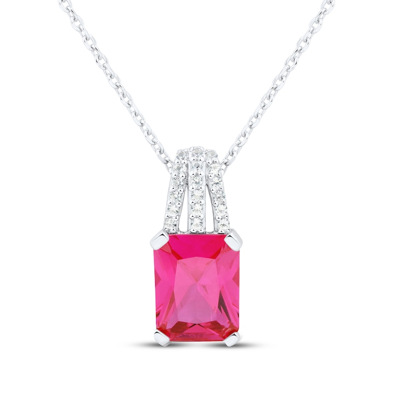 Main Image 1 of Emerald-Cut Lab-Created Ruby & White Lab-Created Sapphire Necklace Sterling Silver 18&quot;