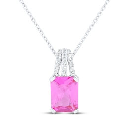Emerald-Cut Pink Lab-Created Sapphire & White Lab-Created Sapphire Necklace Sterling Silver 18&quot;