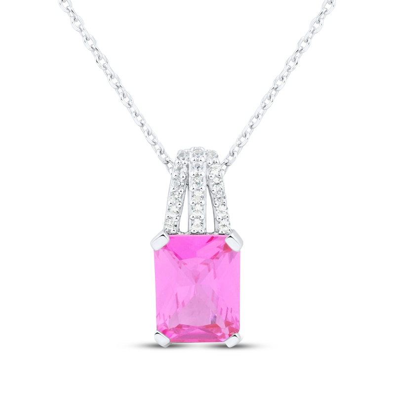 Main Image 1 of Emerald-Cut Pink Lab-Created Sapphire & White Lab-Created Sapphire Necklace Sterling Silver 18&quot;