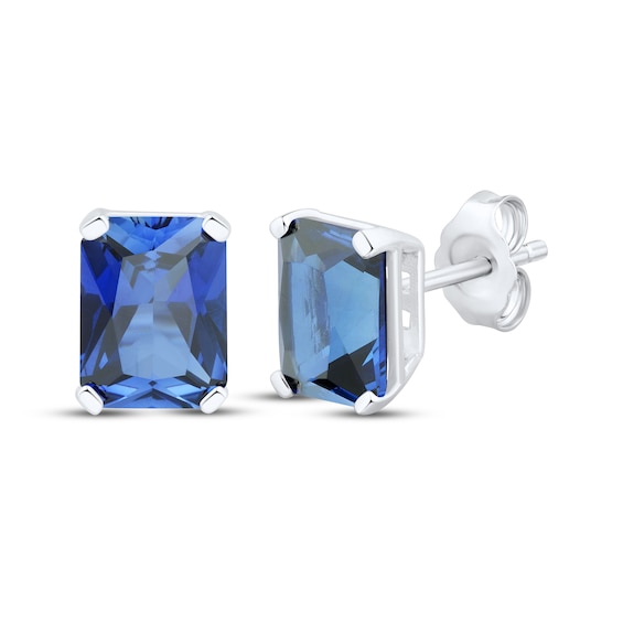 Emerald-Cut Blue Lab-Created Sapphire Stud Earrings Sterling Silver