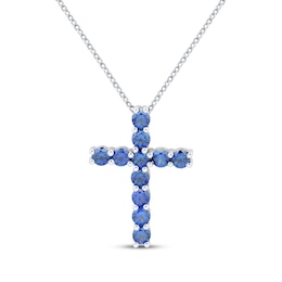 Blue Lab-Created Sapphire Cross Necklace Sterling Silver 18&quot;