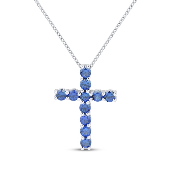 Blue Lab-Created Sapphire Cross Necklace Sterling Silver 18"