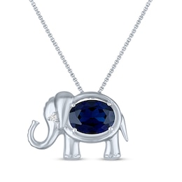 Oval-Cut Blue Lab-Created Sapphire & White Lab-Created Sapphire Elephant Necklace Sterling Silver 18&quot;