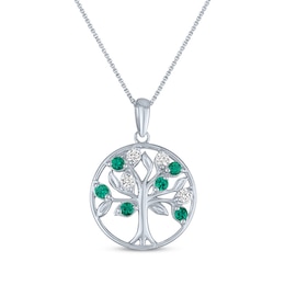 White Lab-Created Sapphire & Lab-Created Emerald Tree of Life Necklace Sterling Silver 18&quot;