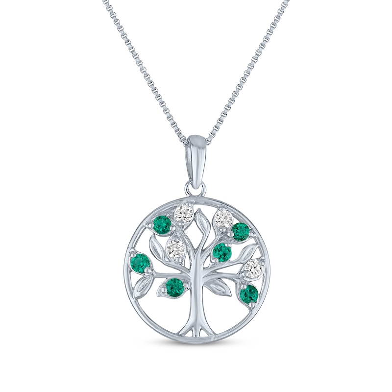 Main Image 1 of White Lab-Created Sapphire & Lab-Created Emerald Tree of Life Necklace Sterling Silver 18&quot;