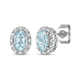 Oval-Cut Aquamarine & Diamond Stud Earrings 1/10 ct tw 14K White Gold