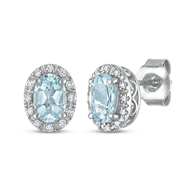 Main Image 1 of Oval-Cut Aquamarine & Diamond Stud Earrings 1/10 ct tw 14K White Gold