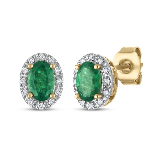 Oval-Cut Natural Emerald & Diamond Stud Earrings 1/10 ct tw 14K Yellow Gold