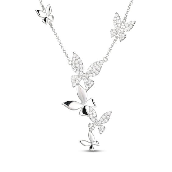 White Lab-Created Sapphire Butterfly Drop Necklace Sterling Silver 18"