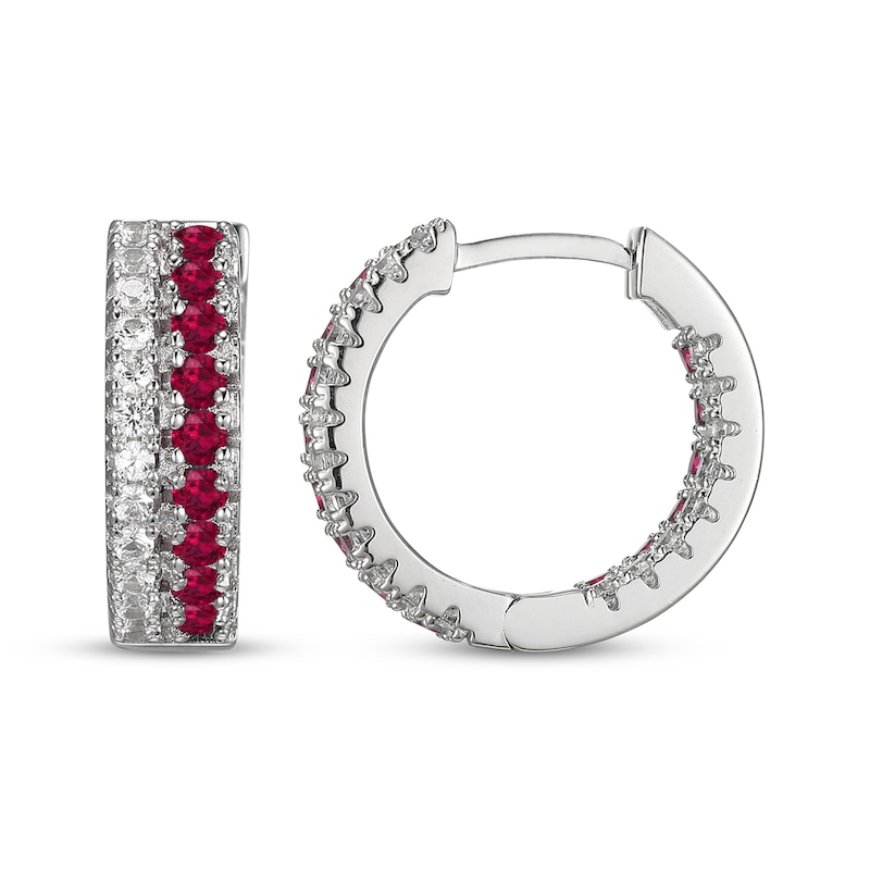 Lab-Created Ruby & White Lab-Created Sapphire Huggie Hoop Earrings Sterling Silver