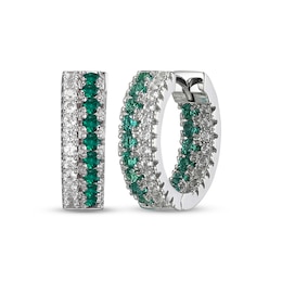 Lab-Created Emerald & White Lab-Created Sapphire Huggie Hoop Earrings Sterling Silver