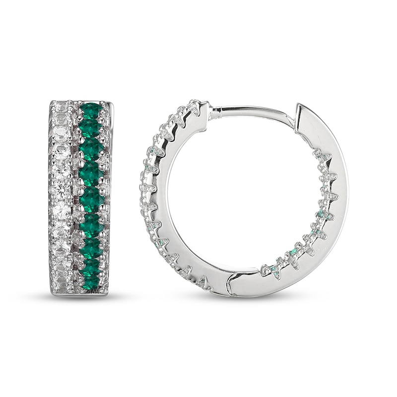 Lab-Created Emerald & White Lab-Created Sapphire Huggie Hoop Earrings Sterling Silver