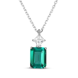 Emerald-Cut Lab-Created Emerald & Square-Cut White Lab-Created Sapphire Necklace Sterling Silver 18&quot;