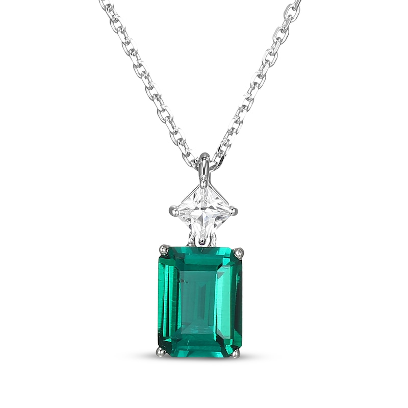 Main Image 1 of Emerald-Cut Lab-Created Emerald & Square-Cut White Lab-Created Sapphire Necklace Sterling Silver 18&quot;