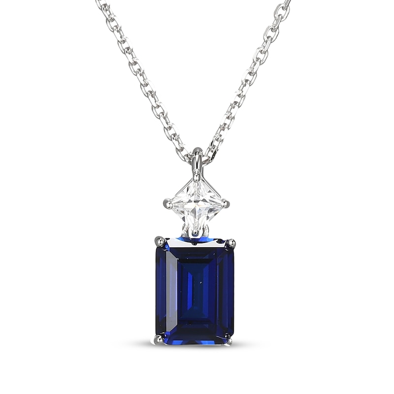 Main Image 1 of Emerald-Cut Blue Lab-Created Sapphire & Square-Cut White Lab-Created Sapphire Necklace Sterling Silver 18&quot;