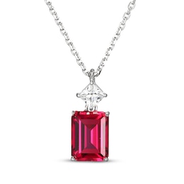 Emerald-Cut Lab-Created Ruby & Square-Cut White Lab-Created Sapphire Necklace Sterling Silver 18&quot;