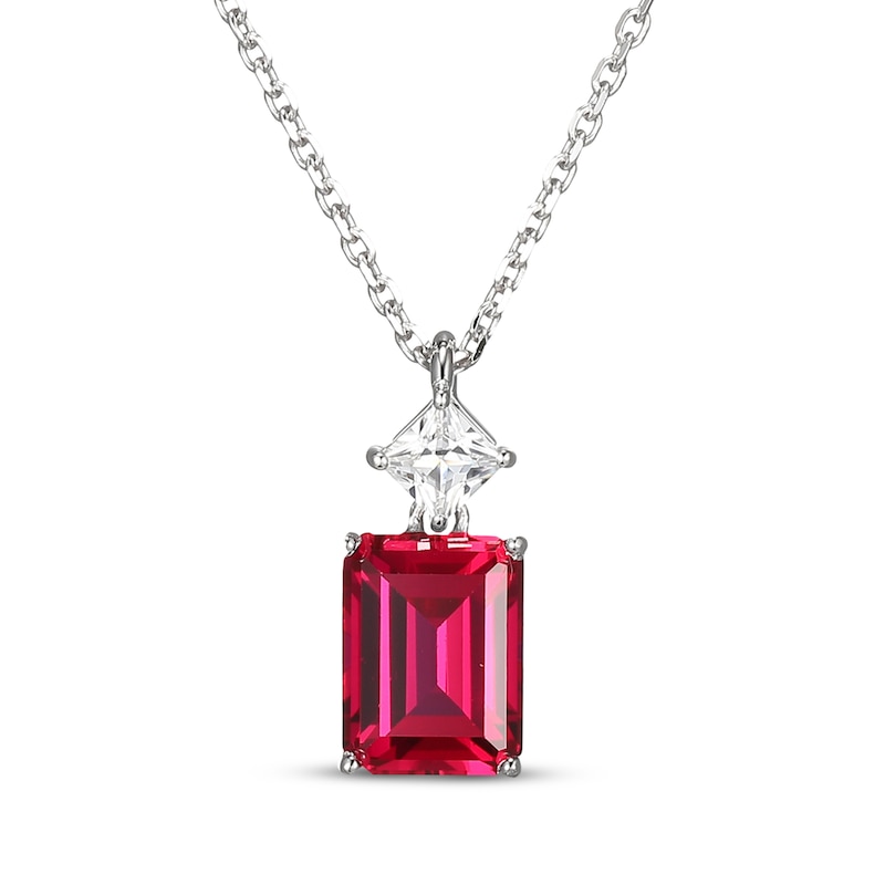 Main Image 1 of Emerald-Cut Lab-Created Ruby & Square-Cut White Lab-Created Sapphire Necklace Sterling Silver 18&quot;