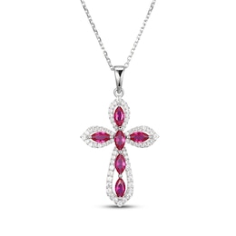 Marquise-Cut Lab-Created Ruby & White Lab-Created Sapphire Cross Necklace Sterling Silver 18&quot;