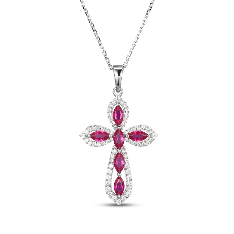 Main Image 1 of Marquise-Cut Lab-Created Ruby & White Lab-Created Sapphire Cross Necklace Sterling Silver 18&quot;