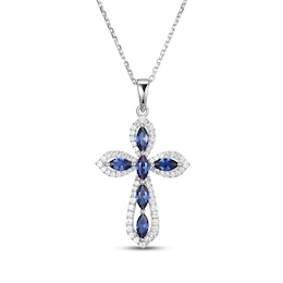 Marquise-Cut Blue Lab-Created Sapphire & White Lab-Created Sapphire Cross Necklace Sterling Silver 18&quot;
