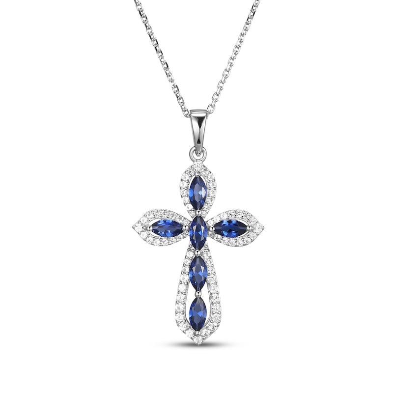 Main Image 1 of Marquise-Cut Blue Lab-Created Sapphire & White Lab-Created Sapphire Cross Necklace Sterling Silver 18&quot;