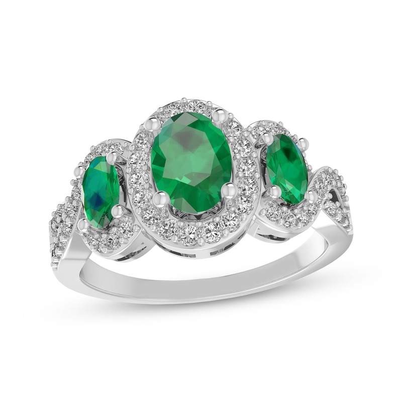 Main Image 1 of Oval-Cut Lab-Created Emerald & White Lab-Created Sapphire Three-Stone Ring Sterling Silver