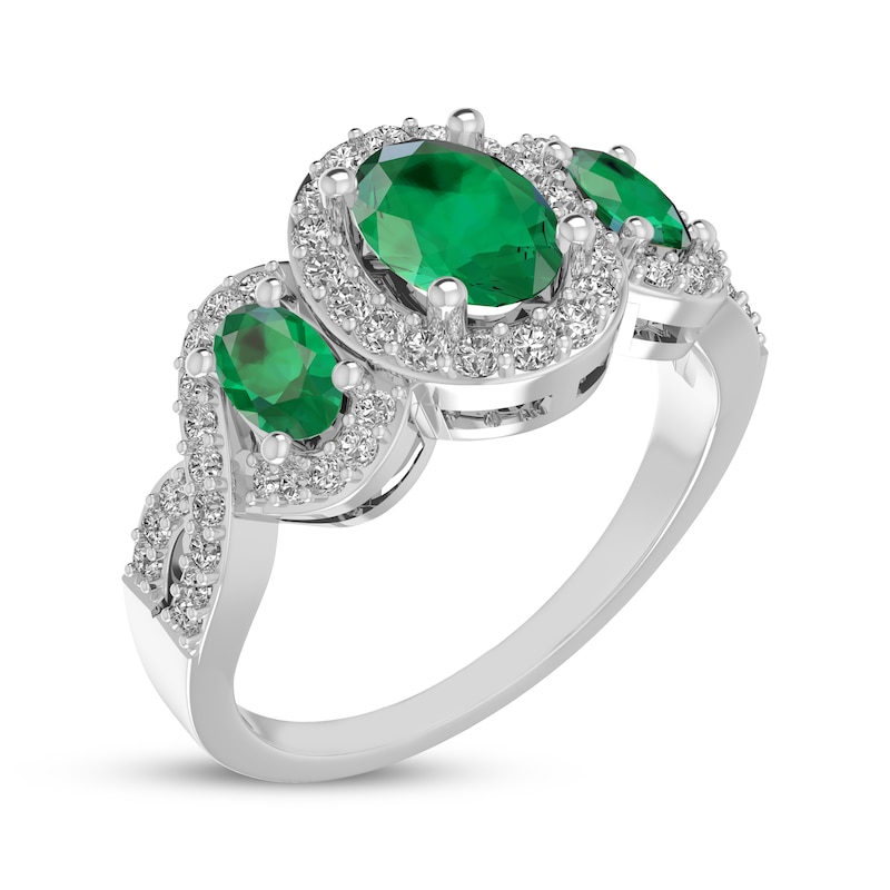 Main Image 2 of Oval-Cut Lab-Created Emerald & White Lab-Created Sapphire Three-Stone Ring Sterling Silver