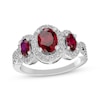 Thumbnail Image 1 of Oval-Cut Lab-Created Ruby & White Lab-Created Sapphire Three-Stone Ring Sterling Silver