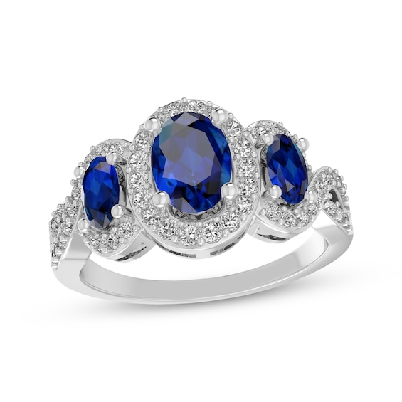 Oval-Cut Blue Lab-Created Sapphire & White Lab-Created Sapphire Three-Stone Ring Sterling Silver