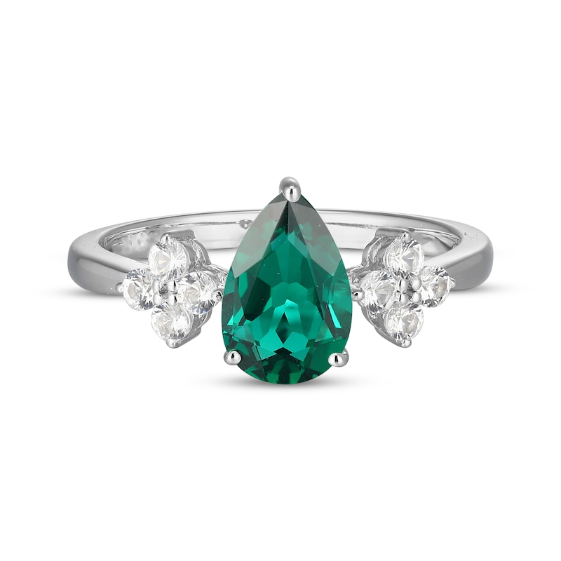 Pear-Shaped Lab-Created Emerald & White Lab-Created Sapphire Ring Sterling Silver