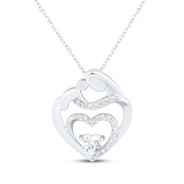 Heart-Shaped White Lab-Created Sapphire Mother & Child Heart Necklace Sterling Silver 18&quot;