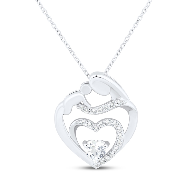 Heart-Shaped White Lab-Created Sapphire Mother & Child Heart Necklace Sterling Silver 18"