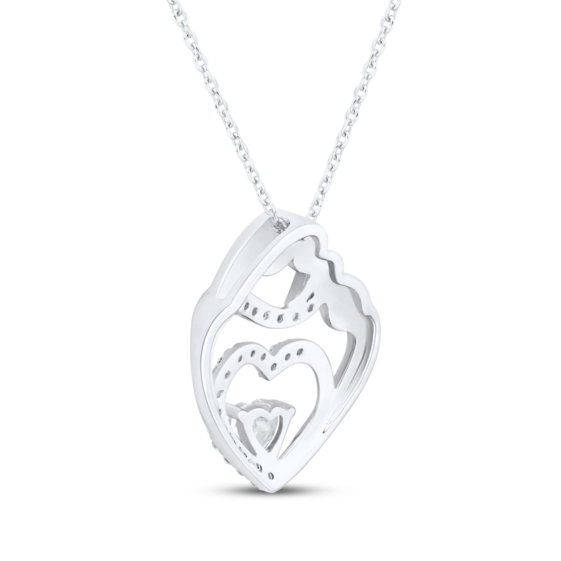 Heart-Shaped White Lab-Created Sapphire Mother & Child Heart Necklace Sterling Silver 18"