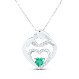 Heart-Shaped Lab-Created Emerald & White Lab-Created Sapphire Mother & Child Heart Necklace Sterling Silver 18&quot;