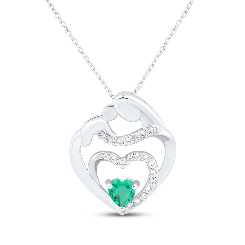 Heart-Shaped Lab-Created Emerald & White Lab-Created Sapphire Mother & Child Heart Necklace Sterling Silver 18"