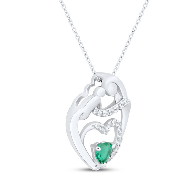 Heart-Shaped Lab-Created Emerald & White Lab-Created Sapphire Mother & Child Heart Necklace Sterling Silver 18"