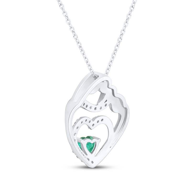 Heart-Shaped Lab-Created Emerald & White Lab-Created Sapphire Mother & Child Heart Necklace Sterling Silver 18"