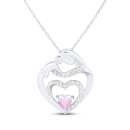 Heart-Shaped Pink & White Lab-Created Sapphire Mother & Child Heart Necklace Sterling Silver 18&quot;