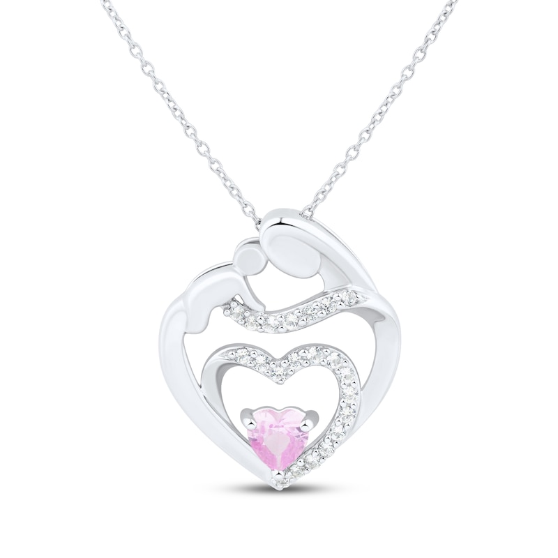 Heart-Shaped Pink & White Lab-Created Sapphire Mother & Child Heart Necklace Sterling Silver 18"