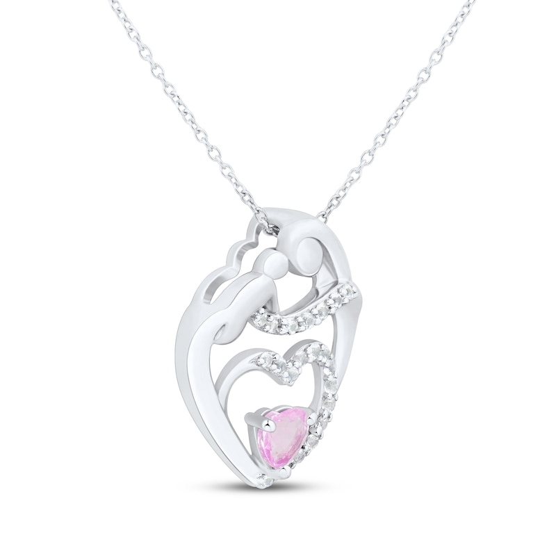 Heart-Shaped Pink & White Lab-Created Sapphire Mother & Child Heart Necklace Sterling Silver 18"