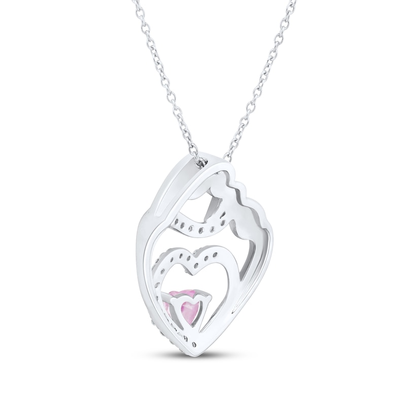 Heart-Shaped Pink & White Lab-Created Sapphire Mother & Child Heart Necklace Sterling Silver 18"