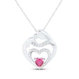 Heart-Shaped Lab-Created Ruby & White Lab-Created Sapphire Mother & Child Heart Necklace Sterling Silver 18&quot;