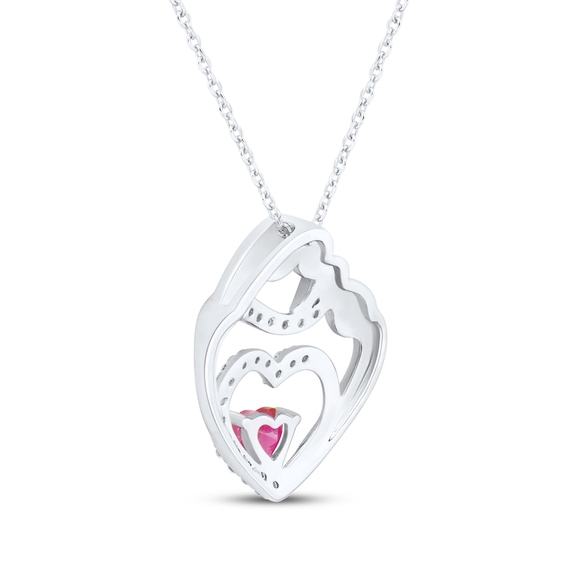 Heart-Shaped Lab-Created Ruby & White Lab-Created Sapphire Mother & Child Heart Necklace Sterling Silver 18"