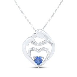 Heart-Shaped Blue & White Lab-Created Sapphire Mother & Child Heart Necklace Sterling Silver 18&quot;