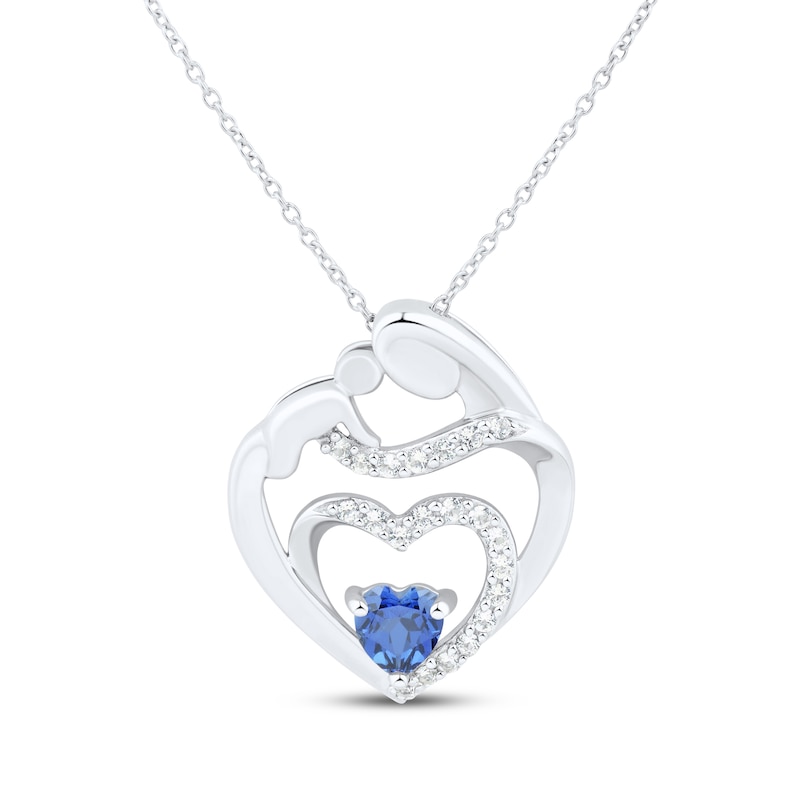 Heart-Shaped Blue & White Lab-Created Sapphire Mother & Child Heart Necklace Sterling Silver 18"