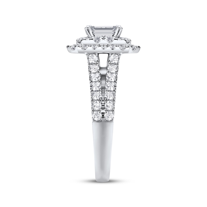 Main Image 2 of Emerald-Cut Diamond Double Halo Engagement Ring 1-3/4 ct tw 14K White Gold